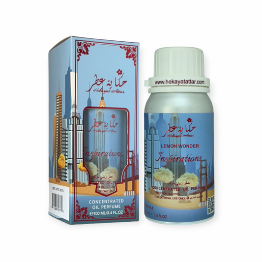 Lemon Wonder oil perfume by Hekayat Attar bottle and packaging with white background