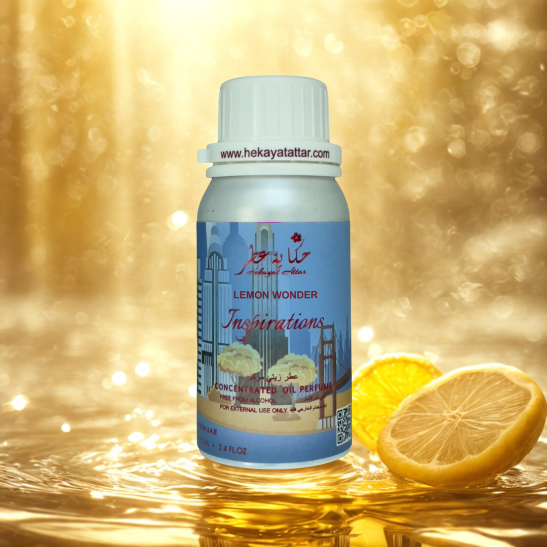 Lemon wonder oil perfume by Hekayat Attar bottle with luxury background