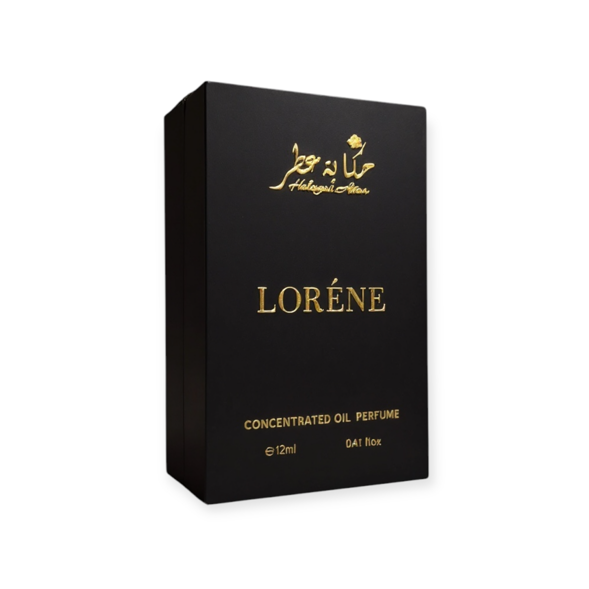 Lorene 12 ml Oil perfume by Hekayat Attar box on a white  background