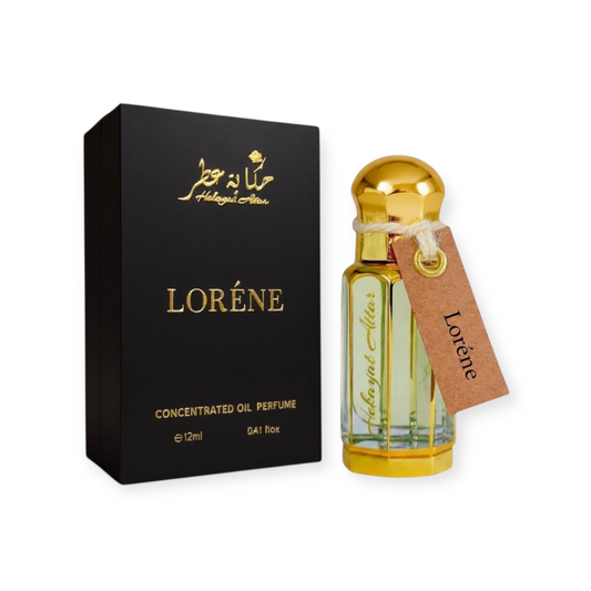 Lorene 12 ml Oil perfume by Hekayat Attar bottle with packaging on a white  background