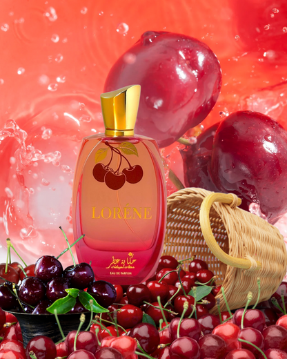 Lorene by Hekayat Attar bottle  with notes background