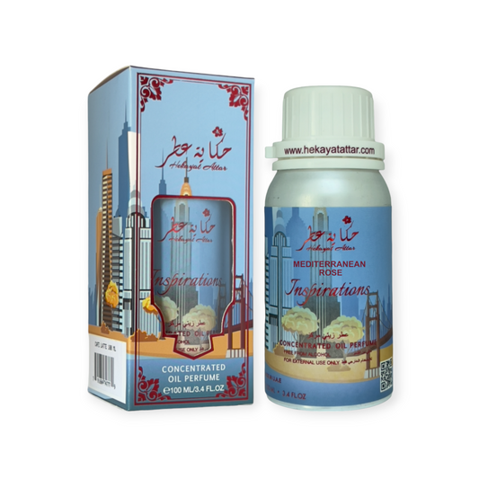Mediterrane Rose oil perfume by Hekayat Attar bottle and packaging with white background