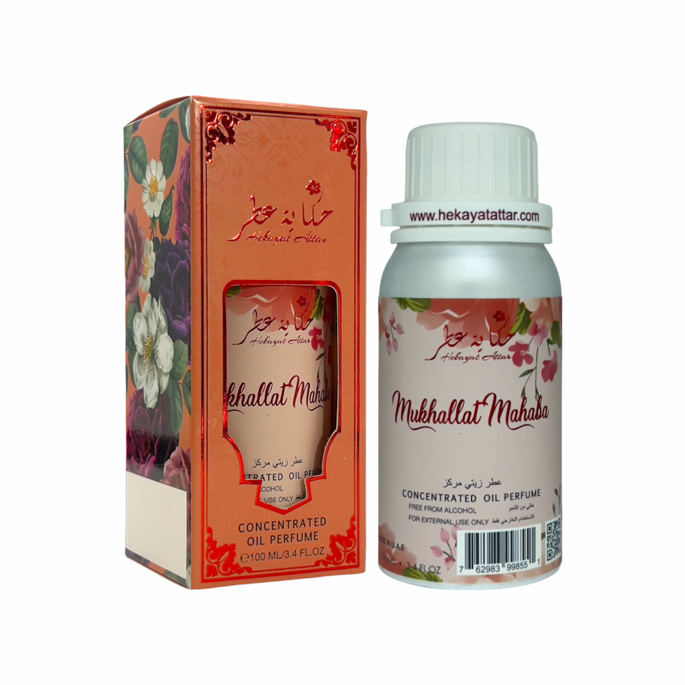 Mukhallat Mahaba by hekayat Attar bottle with packaging on a white background