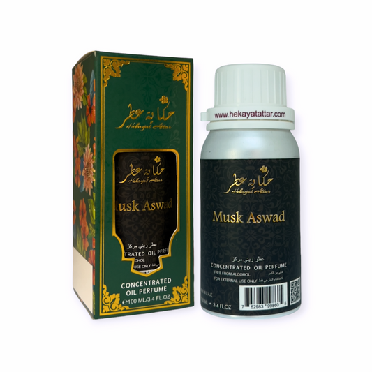Musk Aswad 100 ML OIL PERFUME by Hekayat Attar Bottle and packaging with white background