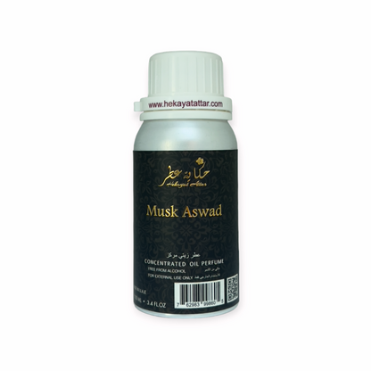 Musk Aswad 100 ML OIL PERFUME by Hekayat Attar Bottle with white background