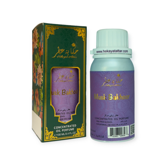 Musk Bakhoor 100 ML OIL PERFUME by Hekayat Attar Bottle and packaging with white background