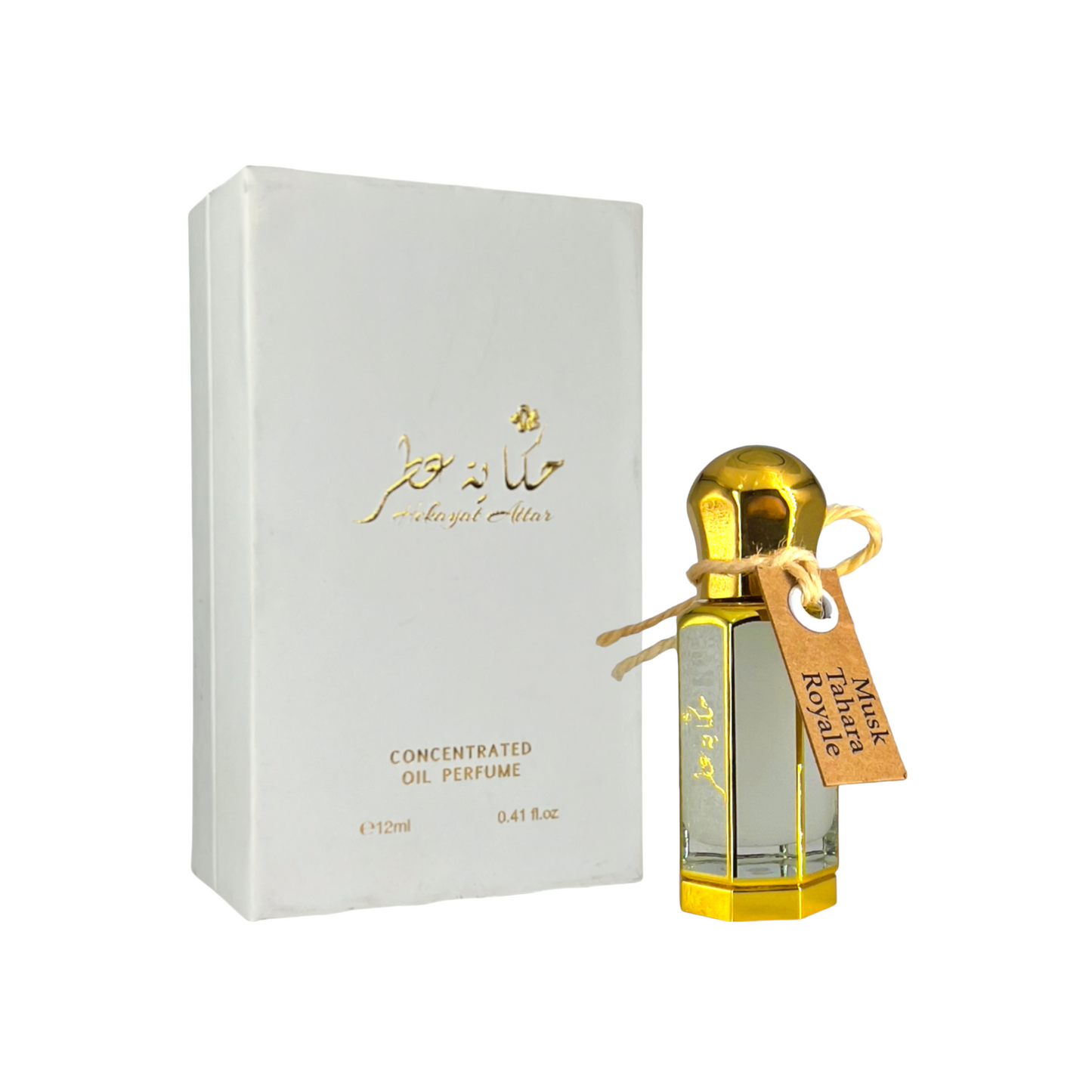Musk Tahara Royale 12 ml Oil perfume by Hekayat Attar bottle with packaging on a white background