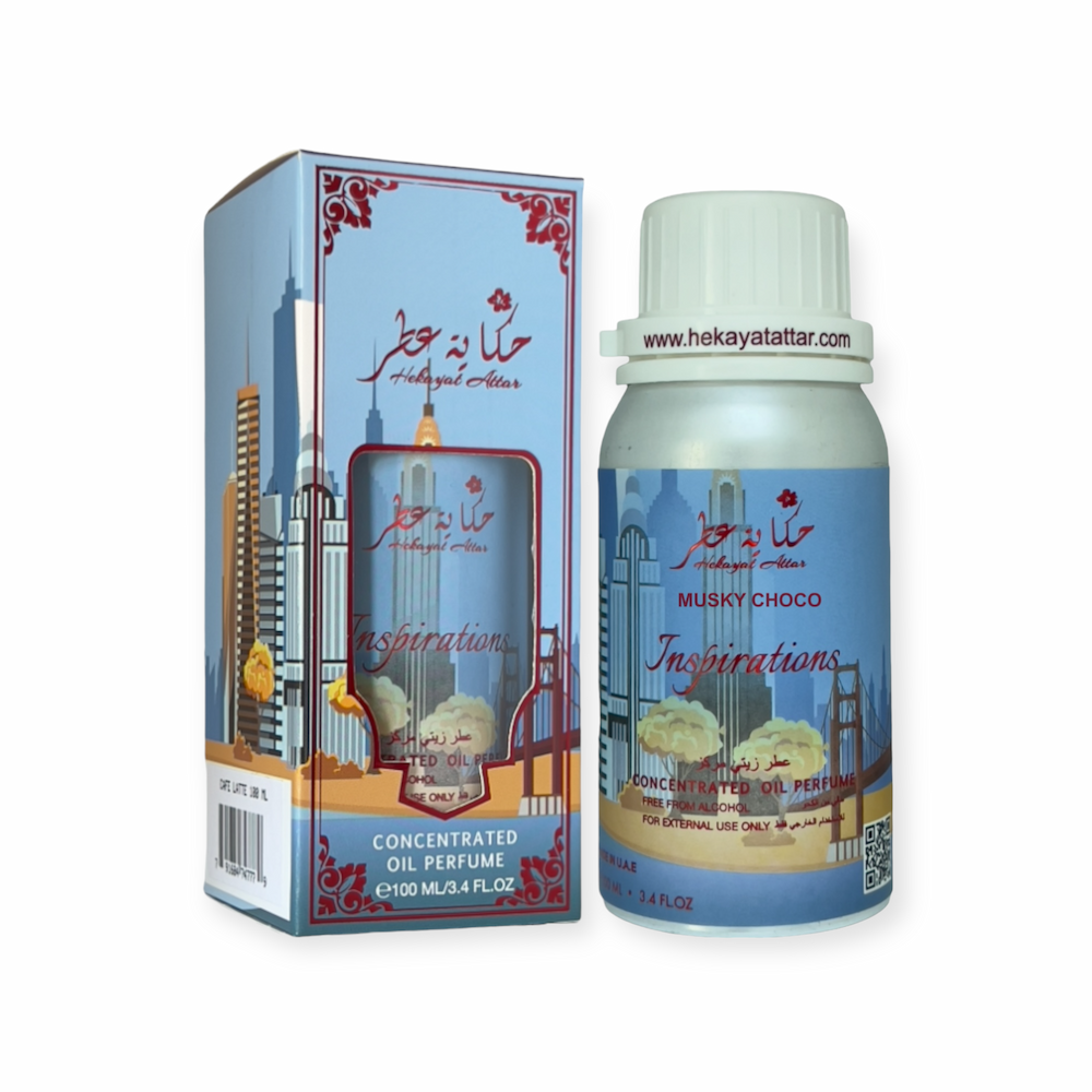 Musky Choco oil perfume by Hekayat Attar bottle and packaging with white background