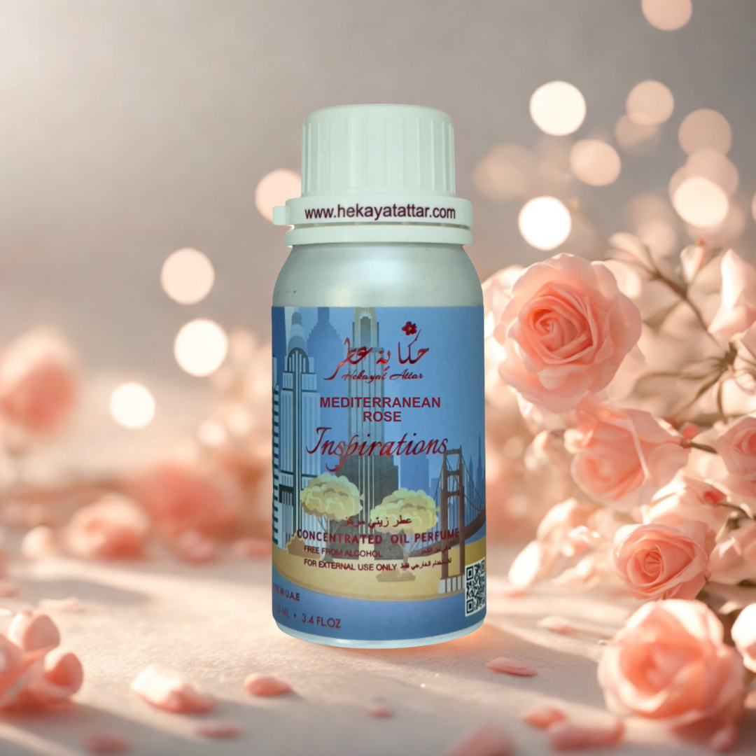 Mediterranean rose oil perfume by Hekayat Attar bottle with luxury background
