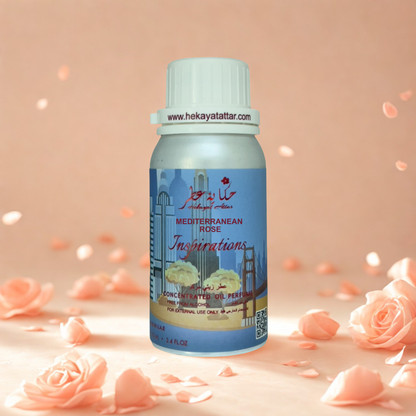 Mediterranean rose oil perfume by Hekayat Attar bottle with luxury background
