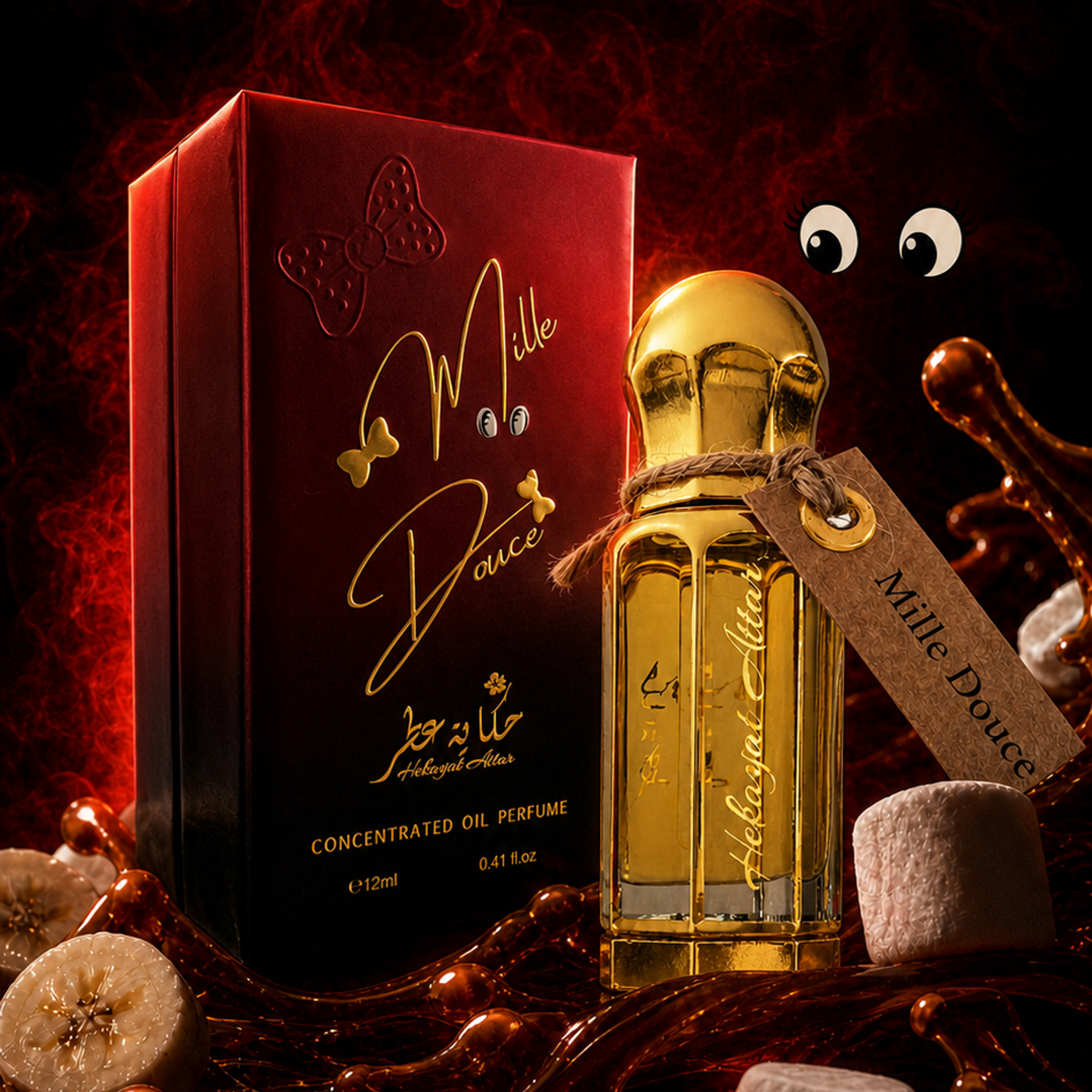 A bottle of Mille Douce concentrated oil perfume with a gold cap and a kraft paper tag, displayed next to its red box with gold lettering. The scene is styled with chocolate drizzle, banana slices, and a decorative eye prop against a dark red background.