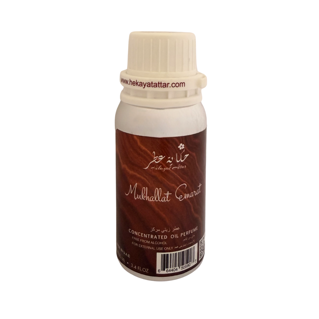 Mukhallat Emarat by Hekayat Attar Bottle on a white background