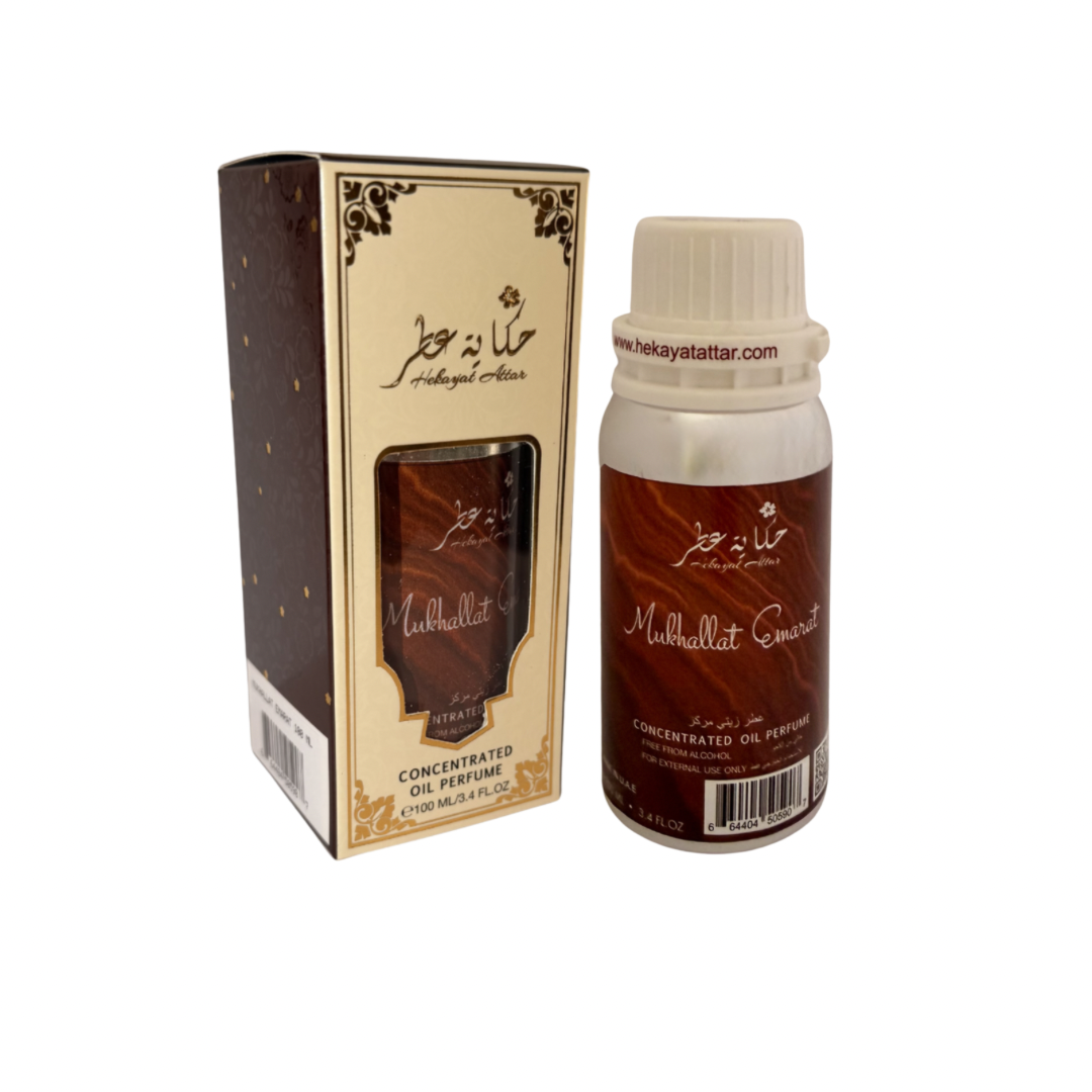 Mukhallat Emarat by Hekayat Attar Bottle with packaging on a white background