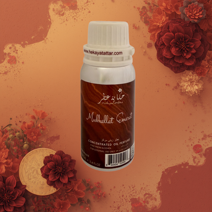 Mukhallat Emarat by Hekayat Attar bottle with Luxury background