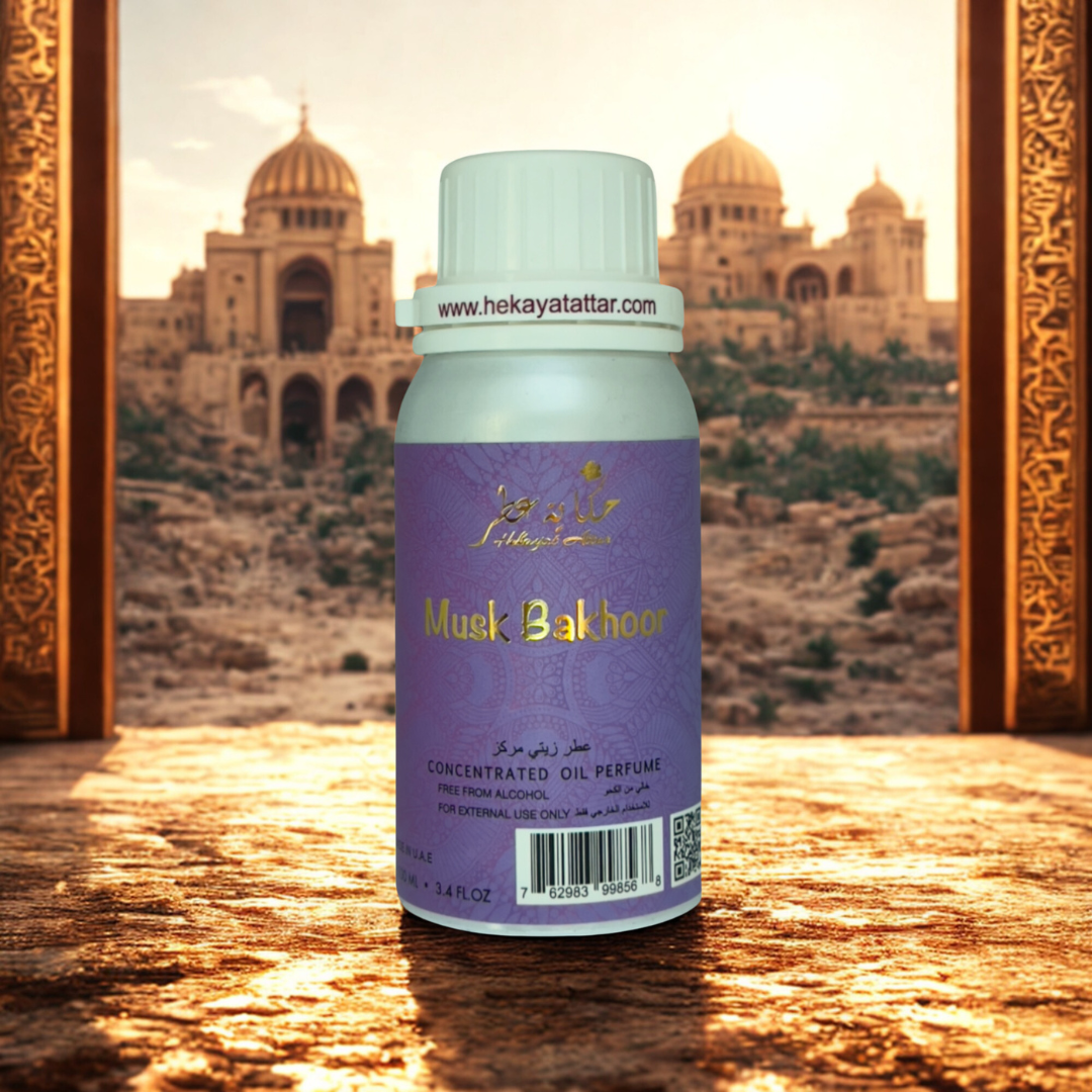 Smoky Oud 100 ML OIL PERFUME by Hekayat Attar Bottle with luxury background