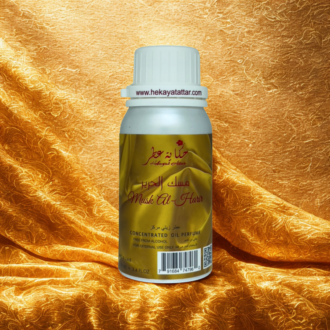 Musk Al Harir by Hekayat Attar Bottle with Luxury background