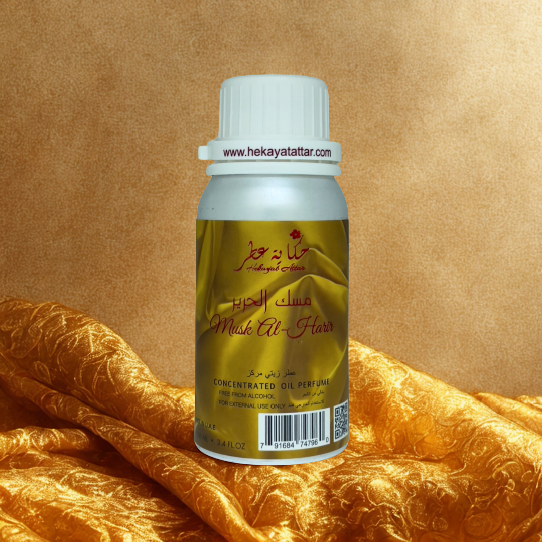 Musk Al Harir by Hekayat Attar Bottle with Luxury background