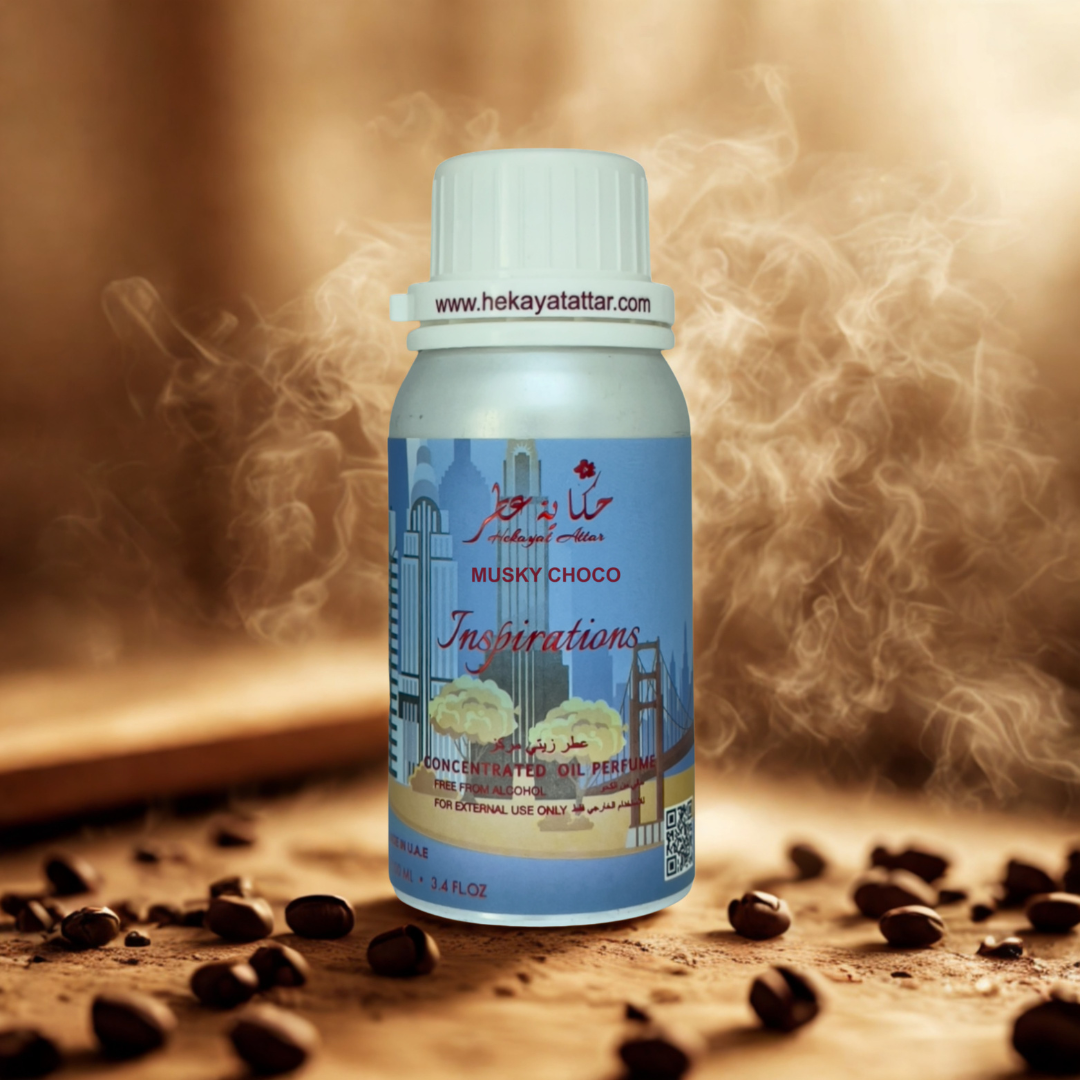 Musky Choco oil  perfume by Hekayat Attar bottle with luxury background