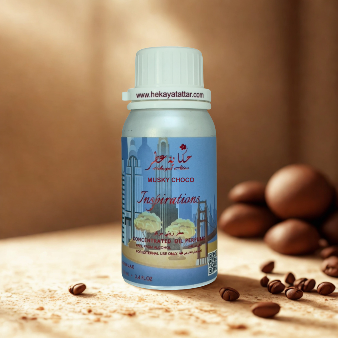 Musky Choco oil  perfume by Hekayat Attar bottle with luxury background