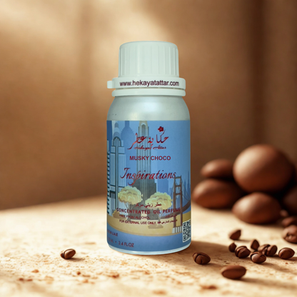 Musky Choco oil  perfume by Hekayat Attar bottle with luxury background