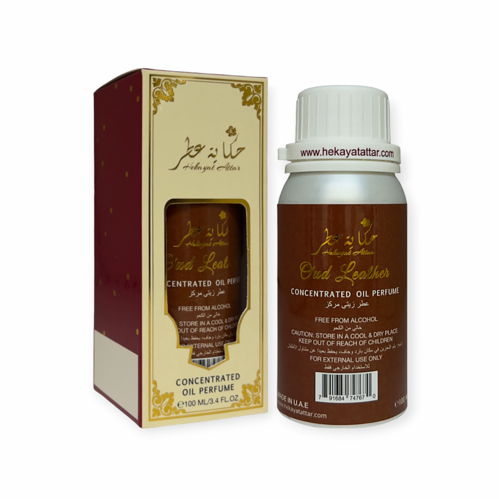 Oud Leather by Hekayat Attar Bottle with packaging on a white background