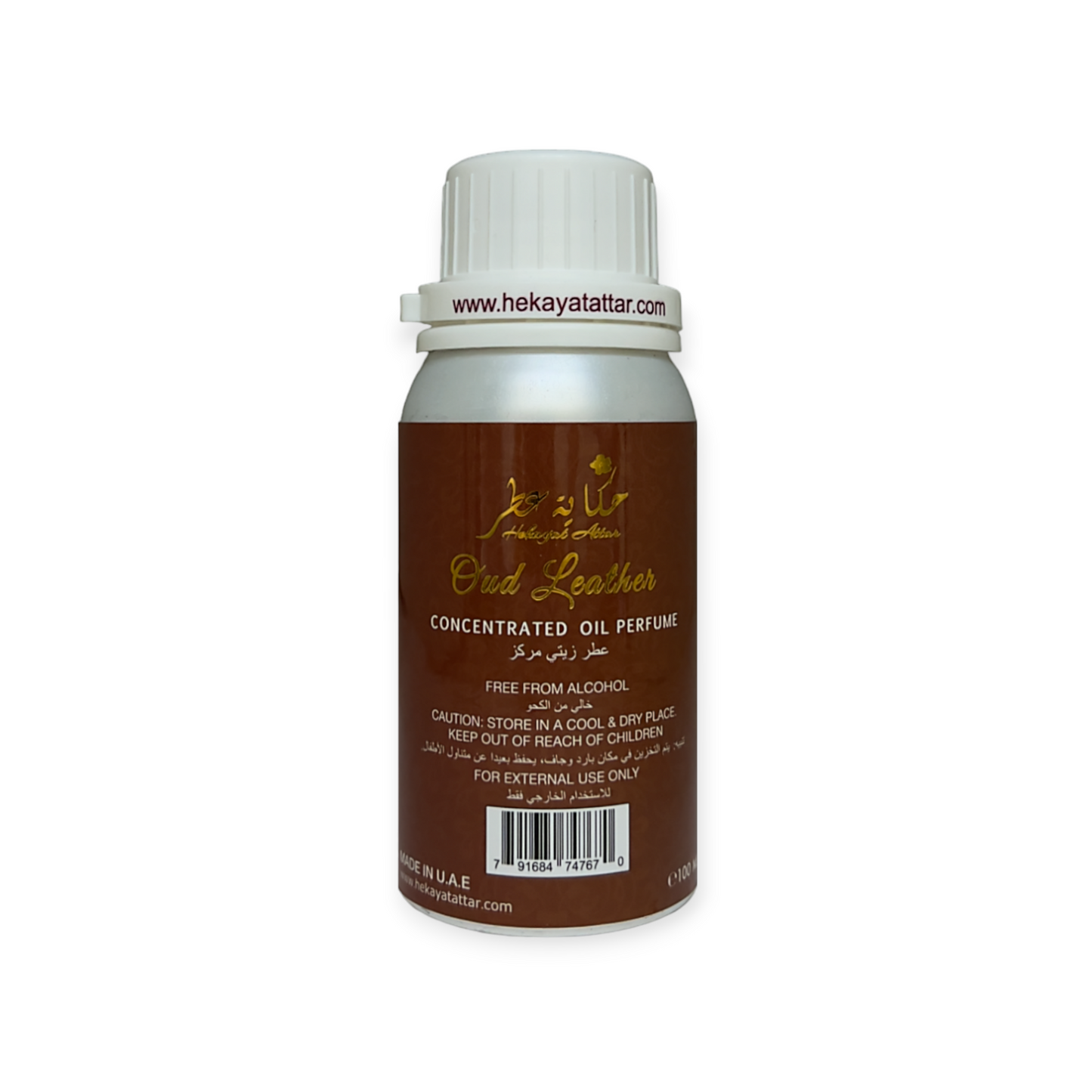 Oud Leather by Hekayat Attar Bottle on a white background