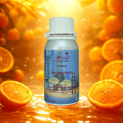 Orange oil perfume by Hekayat Attar bottle with luxury background