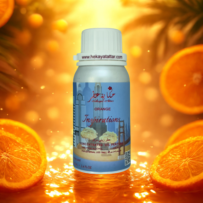 Orange oil perfume by Hekayat Attar bottle with luxury background