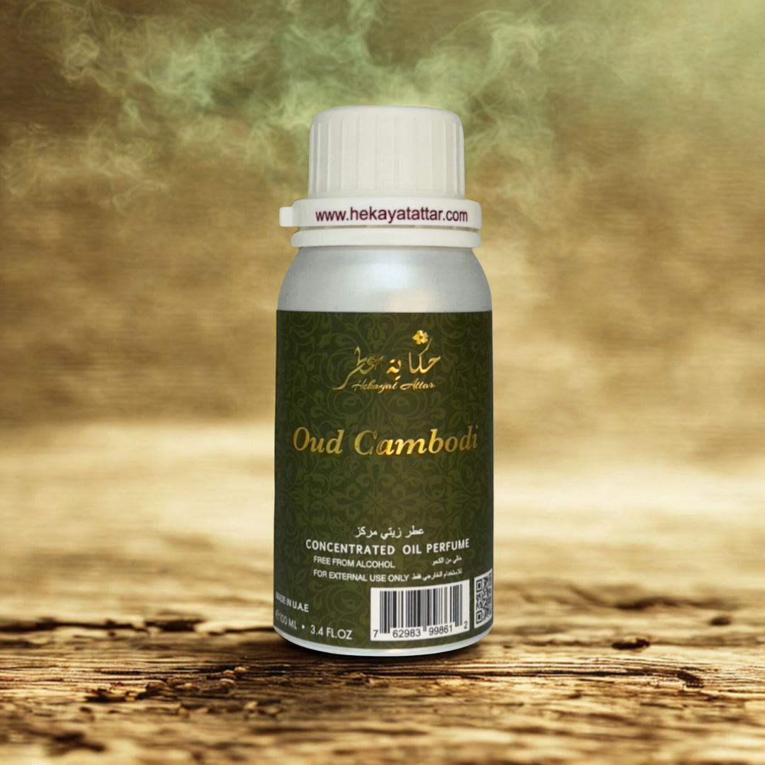 OUD CAMBODI perfume oil by Hekayat Attar Bottle with luxury background