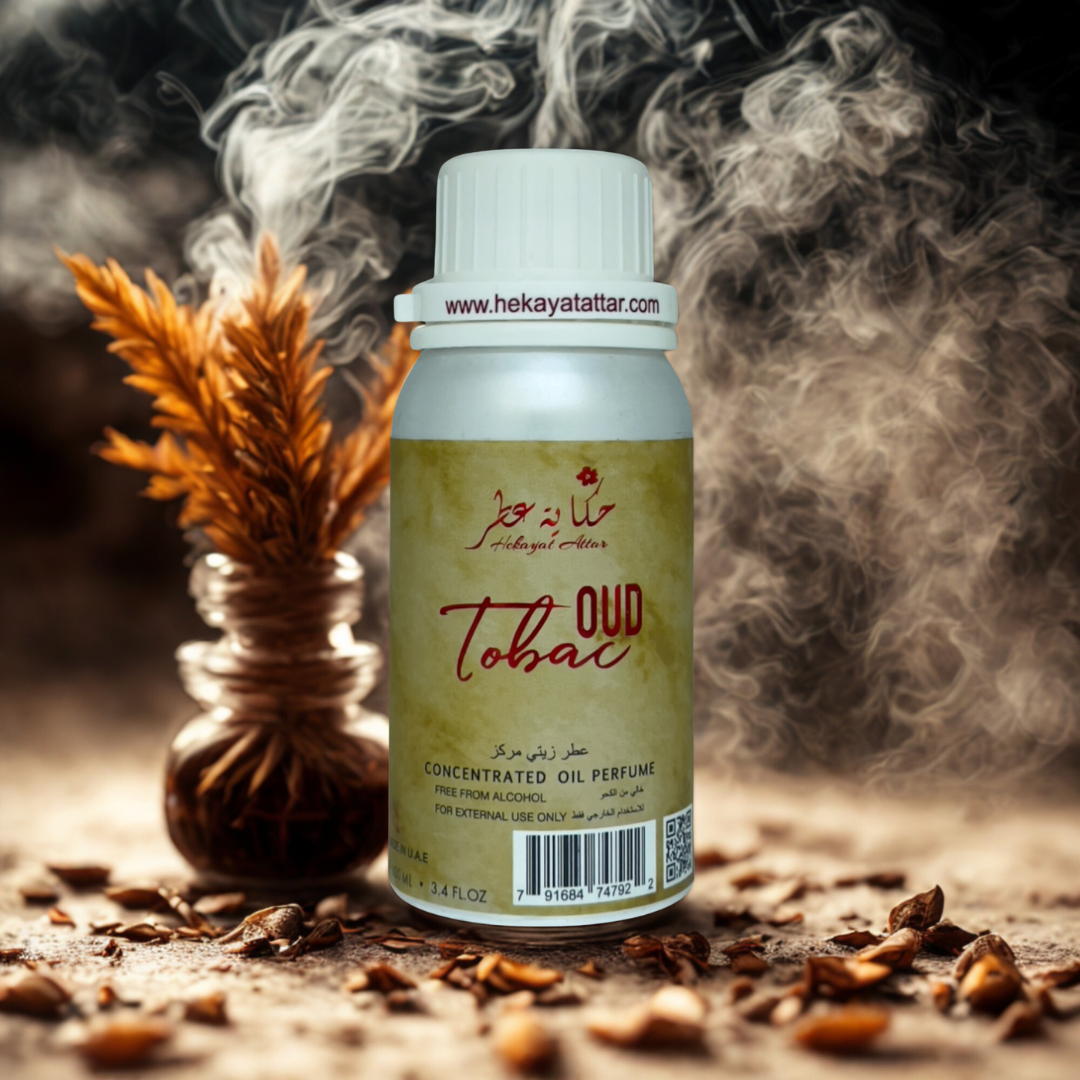 Oud Tobac by hekayat Attar bottle with a luxury background
