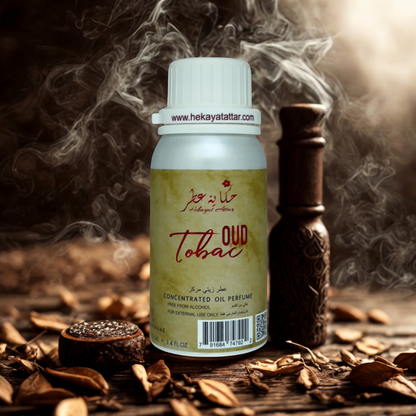 Oud Tobac by hekayat Attar bottle with a luxury background