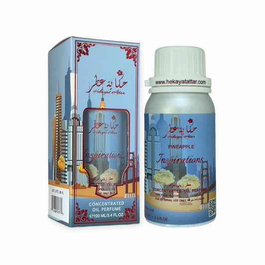 Pineapple oil perfume by Hekayat Attar bottle and packaging with white background