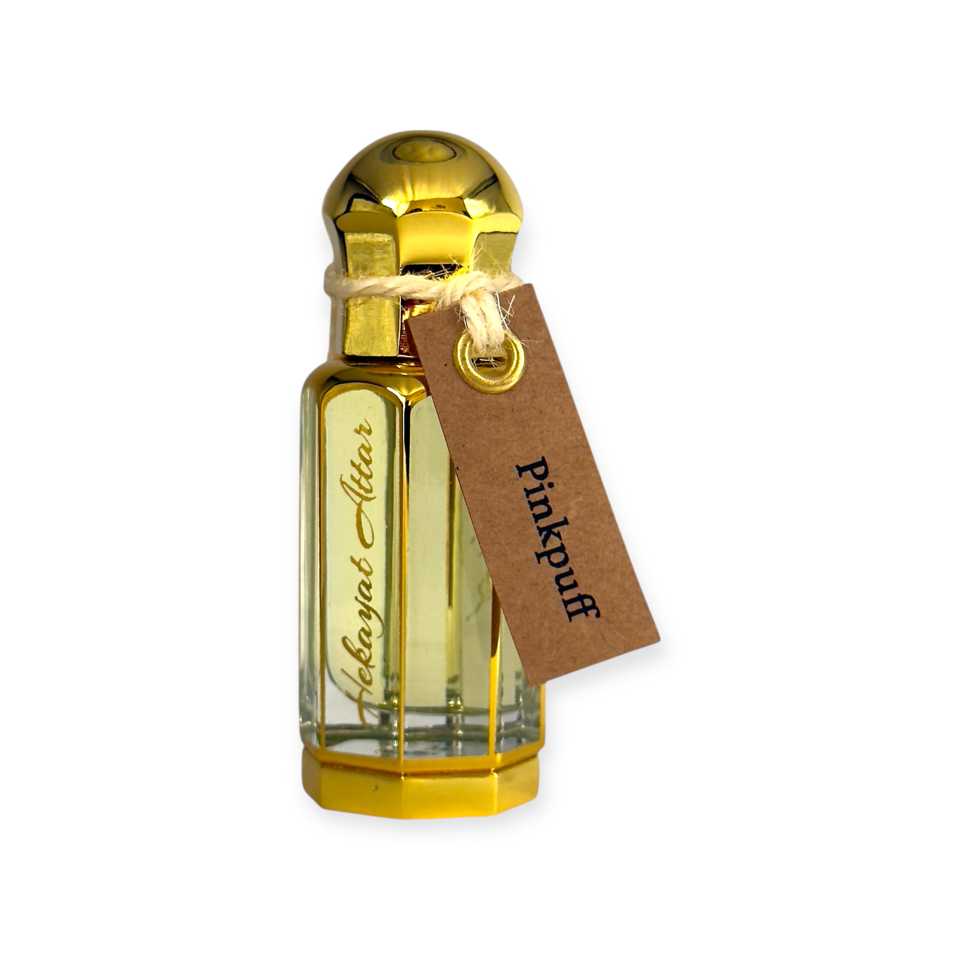 Pinkpuff 12 ml Oil perfume by Hekayat Attar bottle on a white  background