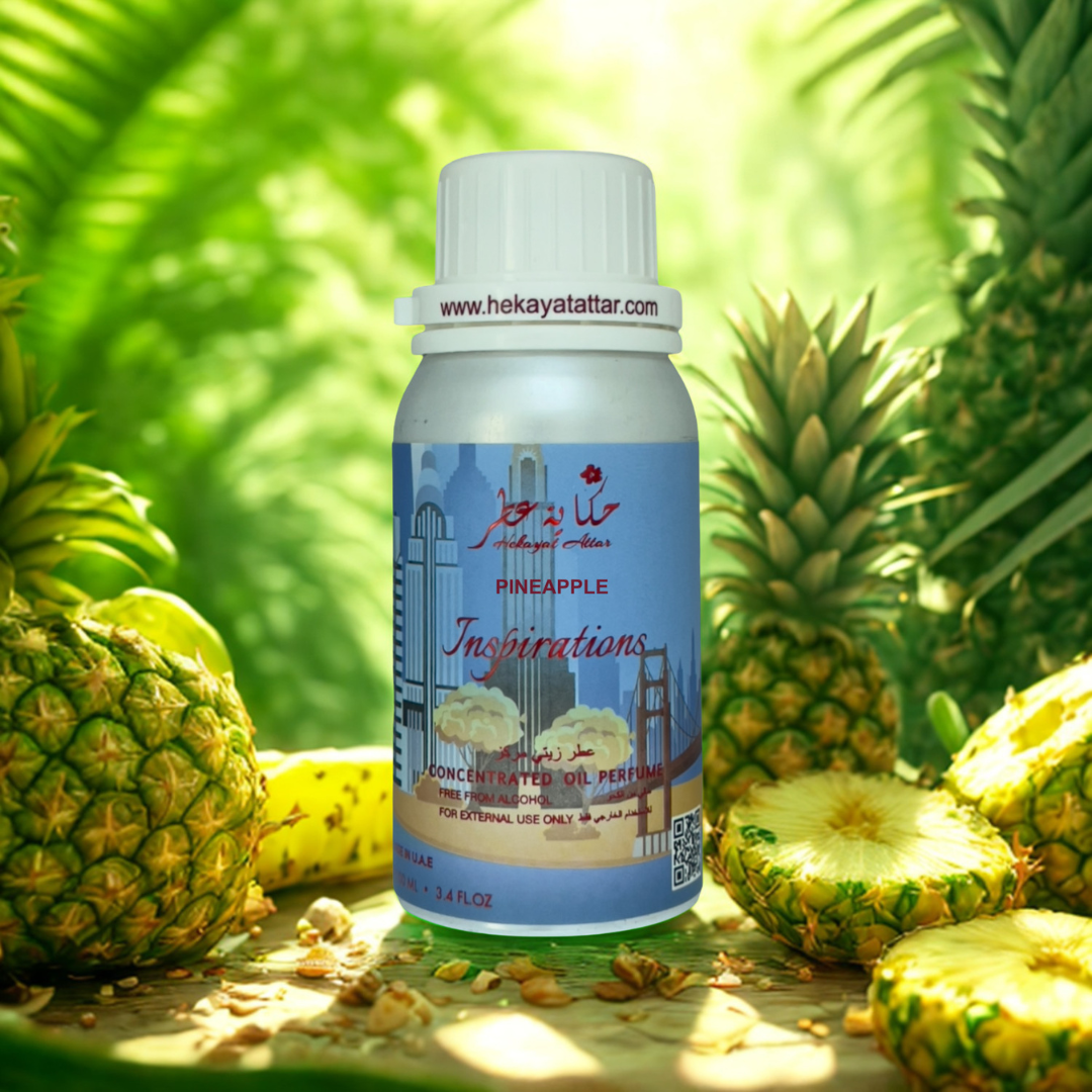 Pineapple oil perfume by Hekayat Attar bottle with luxury background