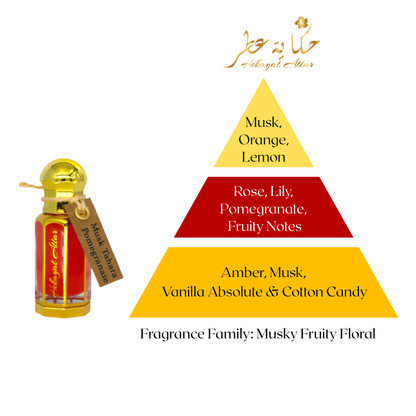 fragrance pyramid of hekayat branded Musk Tahara Pomegranate  layering oil 