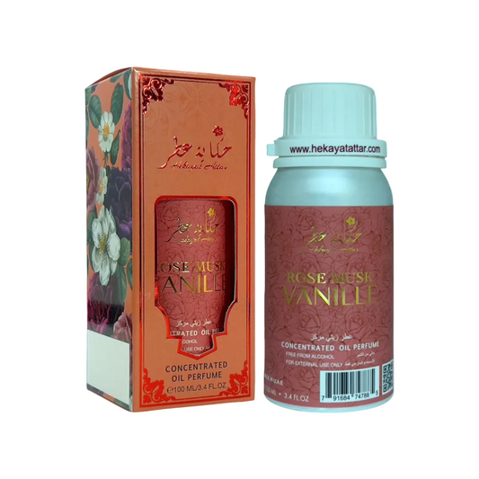 Rose Musk Vanille 100 ML OIL PERFUME by Hekayat Attar Bottle and packaging with white background