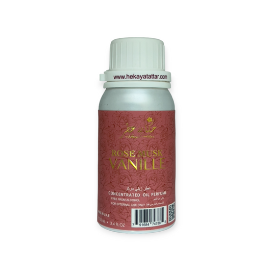 Rose Musk Vanille 100 ML OIL PERFUME by Hekayat Attar Bottle with white background