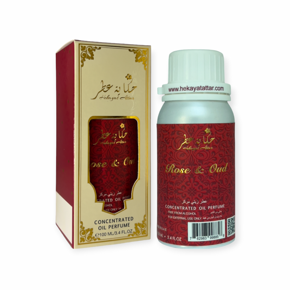 ROSE AND OUD perfume oil by Hekayat Attar Bottle with packaging on a white background