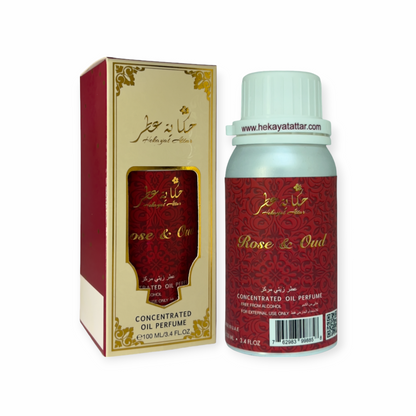 ROSE AND OUD perfume oil by Hekayat Attar Bottle with packaging on a white background