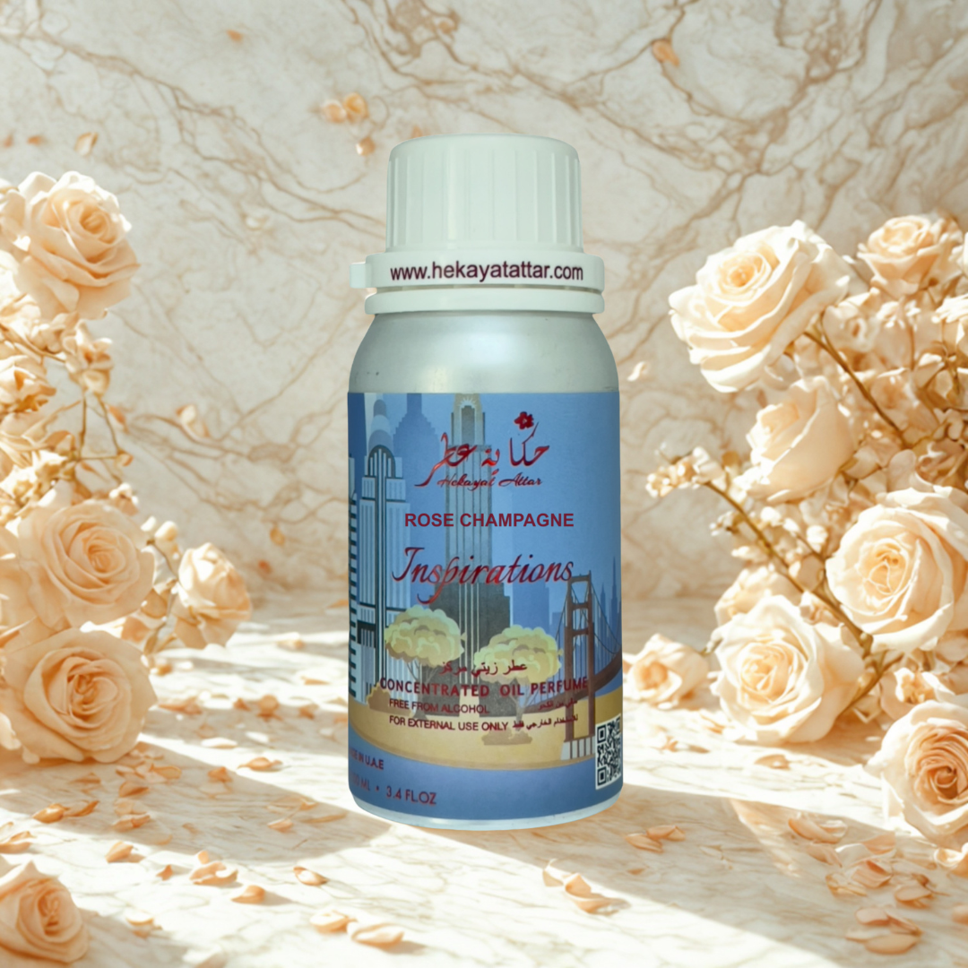 Rose Champagne oil perfume by Hekayat Attar bottle with luxury background
