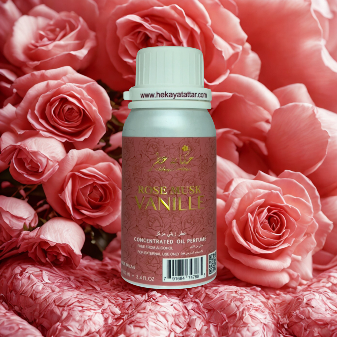 Rose Musk Vanille 100 ML OIL PERFUME by Hekayat Attar Bottle with luxury background