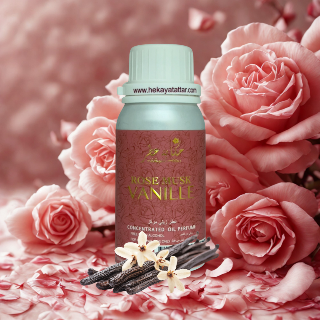 Rose Musk Vanille 100 ML OIL PERFUME by Hekayat Attar Bottle with luxury background