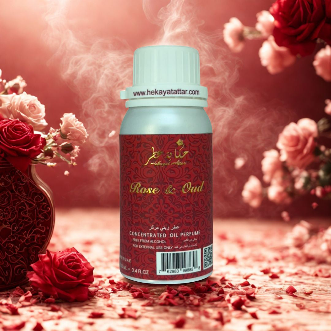 ROSE AND OUD perfume oil by Hekayat Attar Bottle and packaging with luxury background