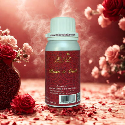 ROSE AND OUD perfume oil by Hekayat Attar Bottle and packaging with luxury background