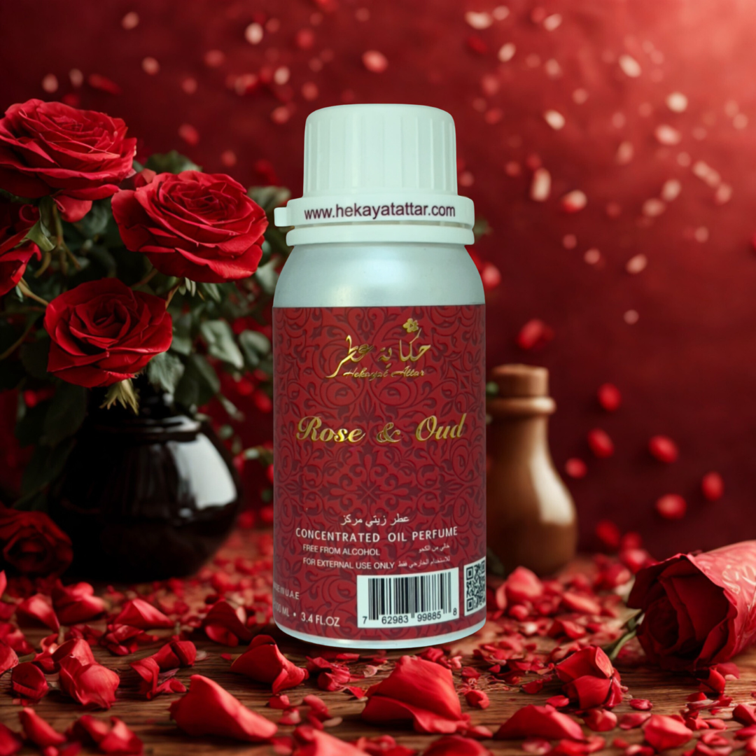 ROSE AND OUD perfume oil by Hekayat Attar Bottle and packaging with luxury background