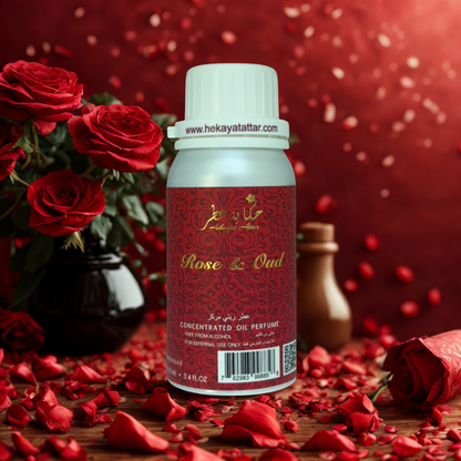 ROSE AND OUD perfume oil by Hekayat Attar Bottle and packaging with luxury background