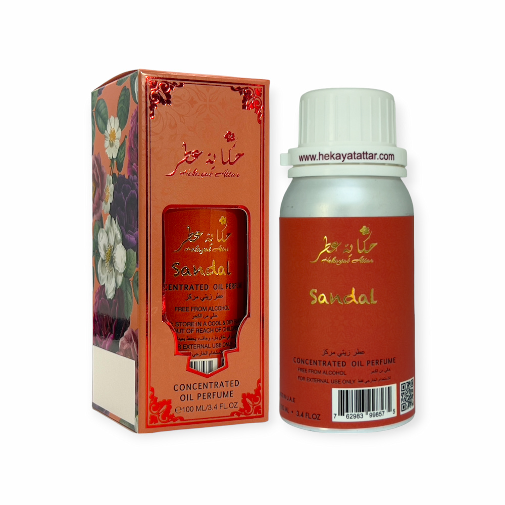 SANDAL 100 ML OIL PERFUME by Hekayat Attar Bottle and packaging with white background