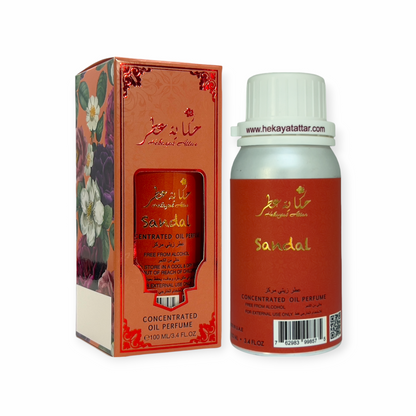 SANDAL 100 ML OIL PERFUME by Hekayat Attar Bottle and packaging with white background