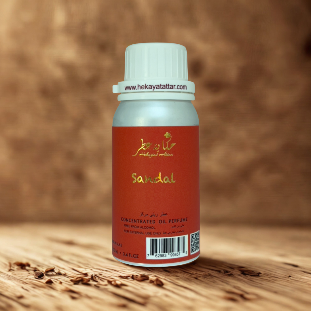 SANDAL 100 ML OIL PERFUME by Hekayat Attar Bottle and packaging with luxury background