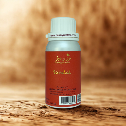 SANDAL 100 ML OIL PERFUME by Hekayat Attar Bottle and packaging with luxury background